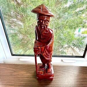 Vintage Hand-Carved Wooden Elder Figurine, 12” Tall Fisherman with Walking Stick